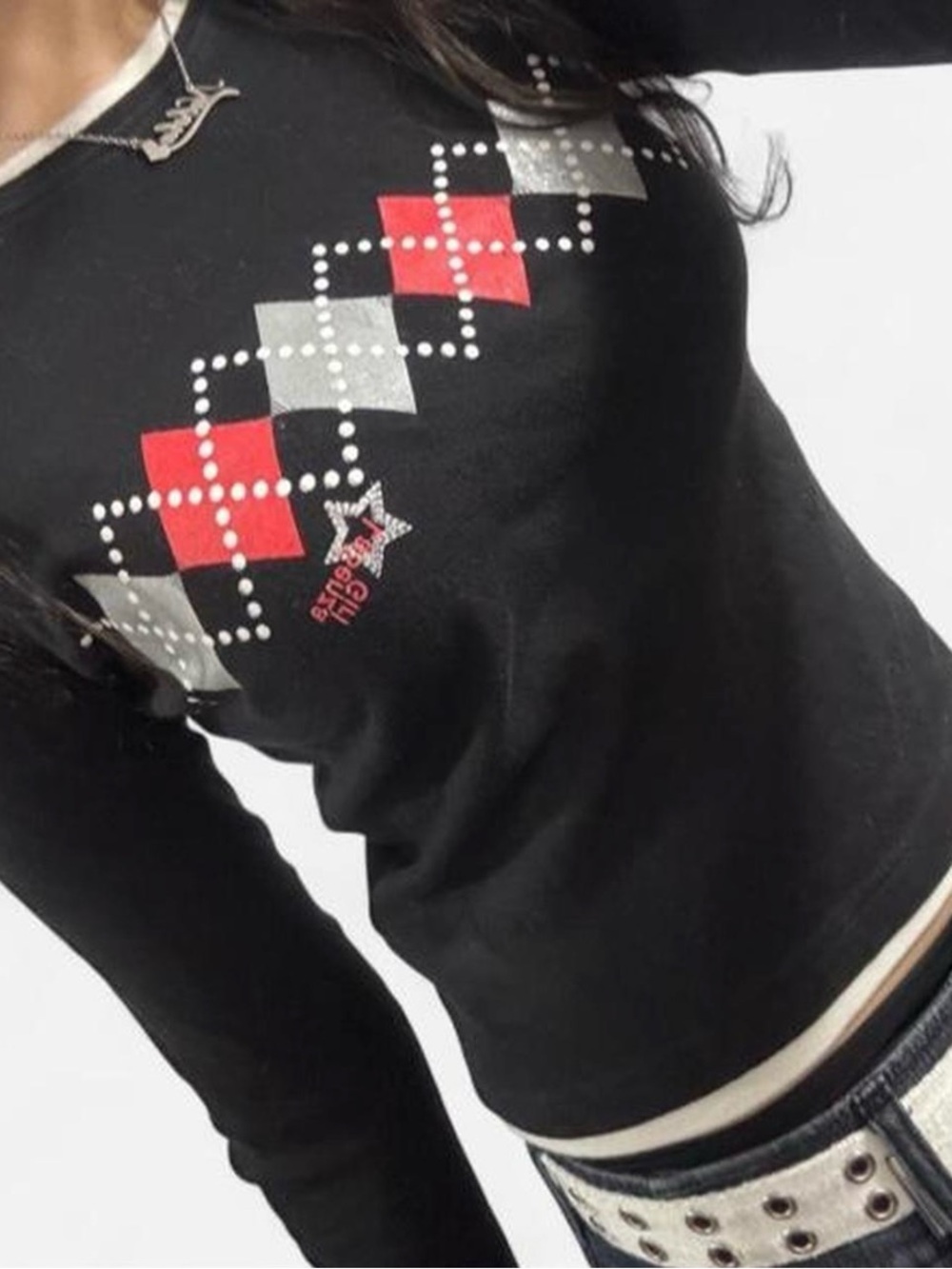 Y2K Black Long Sleeve Top with Red & Silver Argyle Accent